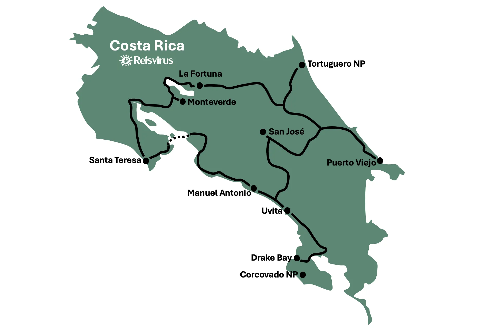 Kaart reisroute Costa Rica